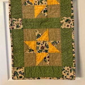 Handpieced Quilted Star Patchwork Farmhouse Cottage Green Gold Table Runner